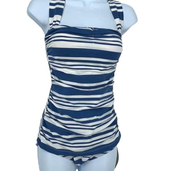 Swimsuit Traditional Gathered Stripped One Piece in Blue and White Size Med - Picture 3 of 6